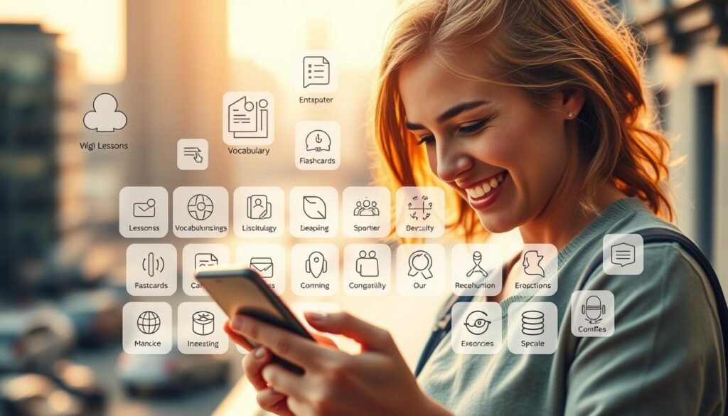 A vibrant, immersive scene depicting a user's experience with a language learning app. In the foreground, a person engages with a sleek, intuitive mobile interface, their face alight with a sense of discovery and progress. The middle ground showcases a diverse array of language-learning tools, such as interactive lessons, vocabulary flashcards, and voice recognition exercises, all designed to enhance the user's learning journey. The background sets the stage with a softly blurred cityscape, hinting at the global connectivity and cultural enrichment the app provides. Warm, natural lighting casts a welcoming glow, and the overall composition conveys a sense of effortless, immersive language mastery.