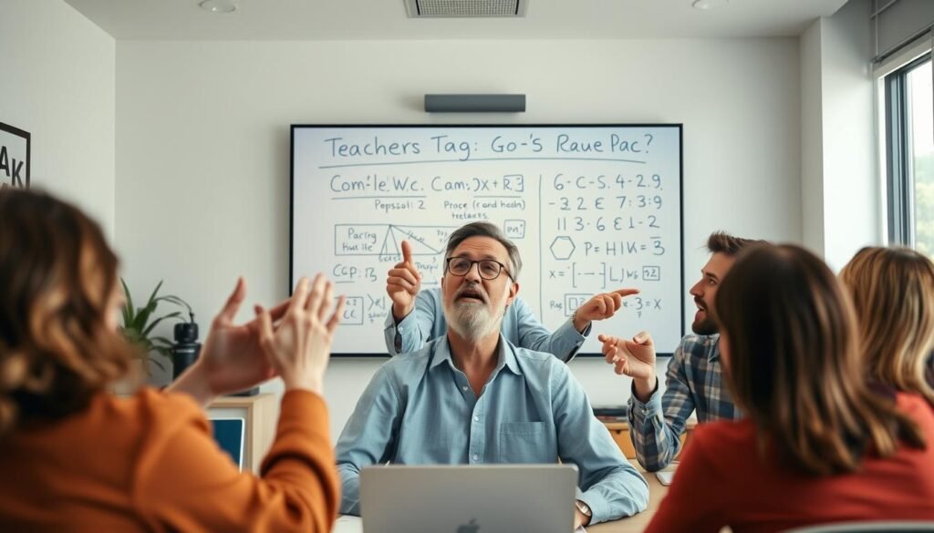 A vibrant online classroom scene with three distinct types of teachers on a virtual platform. In the foreground, a warm and approachable educator gestures animatedly, engaging students through a lively, interactive lesson. In the middle ground, a serious, scholarly professor delivers a captivating lecture, their whiteboard filled with complex diagrams and equations. In the background, a charismatic, energetic teacher leads a dynamic discussion, their students leaning in with rapt attention. The scene is bathed in a soft, diffused light, creating an atmosphere of productivity and intellectual stimulation. The overall composition conveys the diversity of teaching styles and approaches available to online language learners.