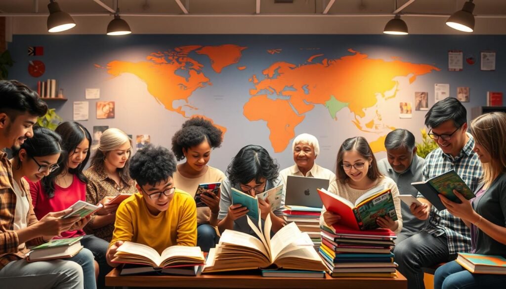 A vibrant, visually captivating scene depicting the process of learning languages. In the foreground, a diverse group of people - young and old, from different cultural backgrounds - are immersed in interactive language lessons, using a variety of digital devices and materials. The middle ground showcases a array of language textbooks, dictionaries, and educational resources, while the background features a stylized world map, symbolizing the global reach and interconnectedness of language learning. The lighting is warm and inviting, creating a sense of productivity and intellectual engagement. The overall atmosphere conveys the joy, curiosity, and empowerment that comes with mastering new languages.