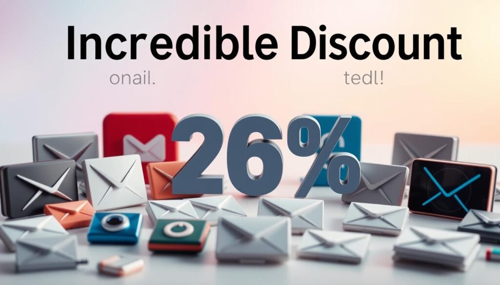 A visually striking image showcasing incredible discounts on various email marketing tools. The foreground depicts a collection of sleek, modern email software icons arranged in a dynamic, eye-catching layout. The middle ground features a large, prominently displayed percentage discount, conveying the sense of an unmissable deal. The background is a softly blurred, colorful gradient, lending a sense of depth and emphasis to the discounted products. The overall composition exudes a clean, high-tech aesthetic, with subtle lighting and camera angles highlighting the products' features and the extraordinary savings available. The mood is one of excitement and opportunity, enticing the viewer to explore these unbeatable offers on essential email marketing solutions.