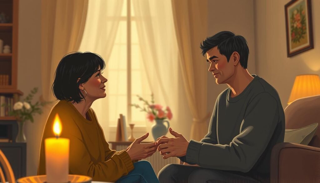 A warm, candlelit room where a person compassionately listens to a friend's troubles, their gentle gaze conveying understanding and care. Soft light illuminates their faces, creating an intimate, introspective atmosphere. In the background, a vase of flowers and a cozy armchair hint at the comfort and safety of the domestic setting. The figures' body language radiates empathy, their hands clasped, a subtle nod or reassuring touch passing between them. Textured brushstrokes and a muted color palette imbue the scene with a sense of quiet contemplation, capturing the essence of empathy in everyday life.