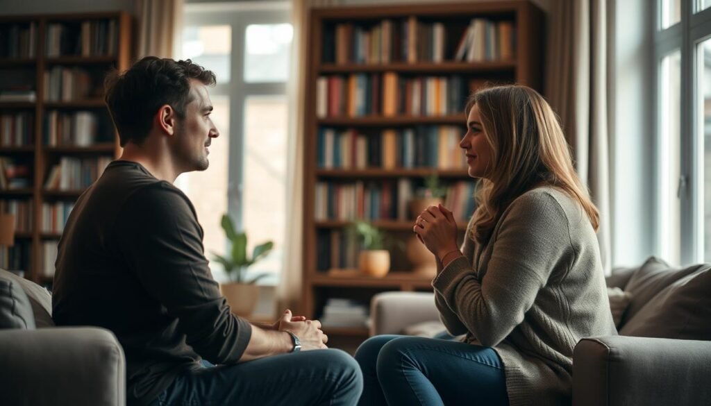 A warm, inviting living room scene. In the foreground, two people sit facing each other, their bodies angled towards one another, hands clasped as they engage in deep, thoughtful conversation. Soft, natural lighting filters in through large windows, creating a cozy, intimate atmosphere. The background is a bookshelf-lined wall, subtly hinting at the intellectual and emotional depth of their exchange. Muted earth tones and soft textures throughout evoke a sense of comfort and understanding. The overall composition conveys a palpable feeling of empathy and meaningful connection.