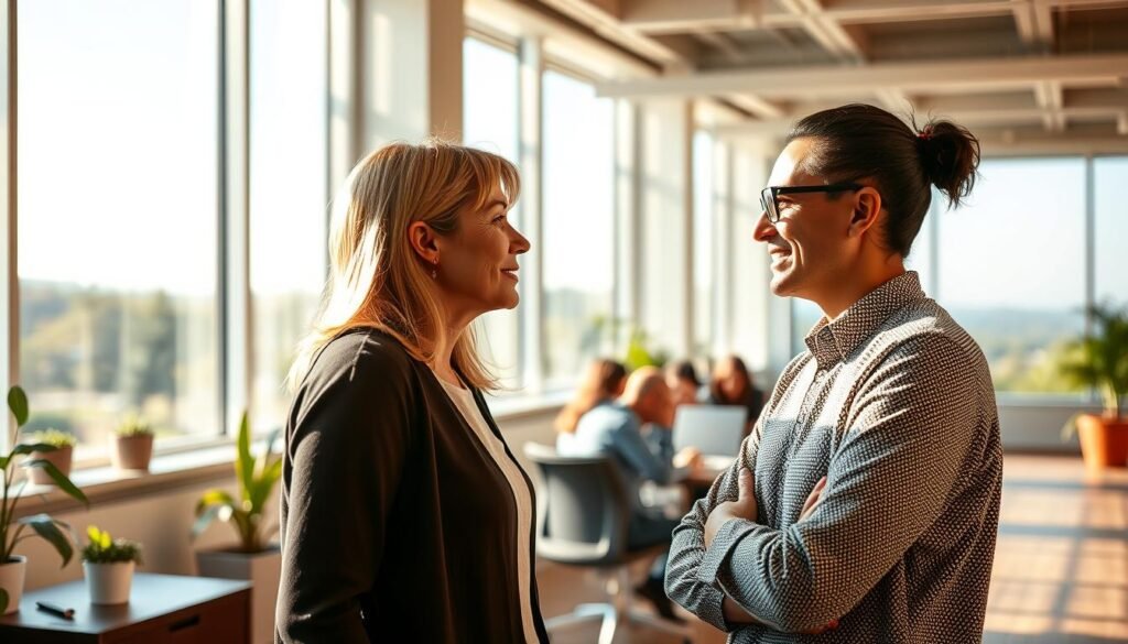A warm, inviting office setting with natural lighting streaming through large windows. In the foreground, two people engaged in a meaningful conversation, their body language and facial expressions exuding empathy and understanding. The middle ground features a collaborative workspace with colleagues working together, their interactions conveying a sense of mutual support and connection. The background depicts a tranquil outdoor scene, symbolizing the calming influence of empathetic relationships in the workplace.