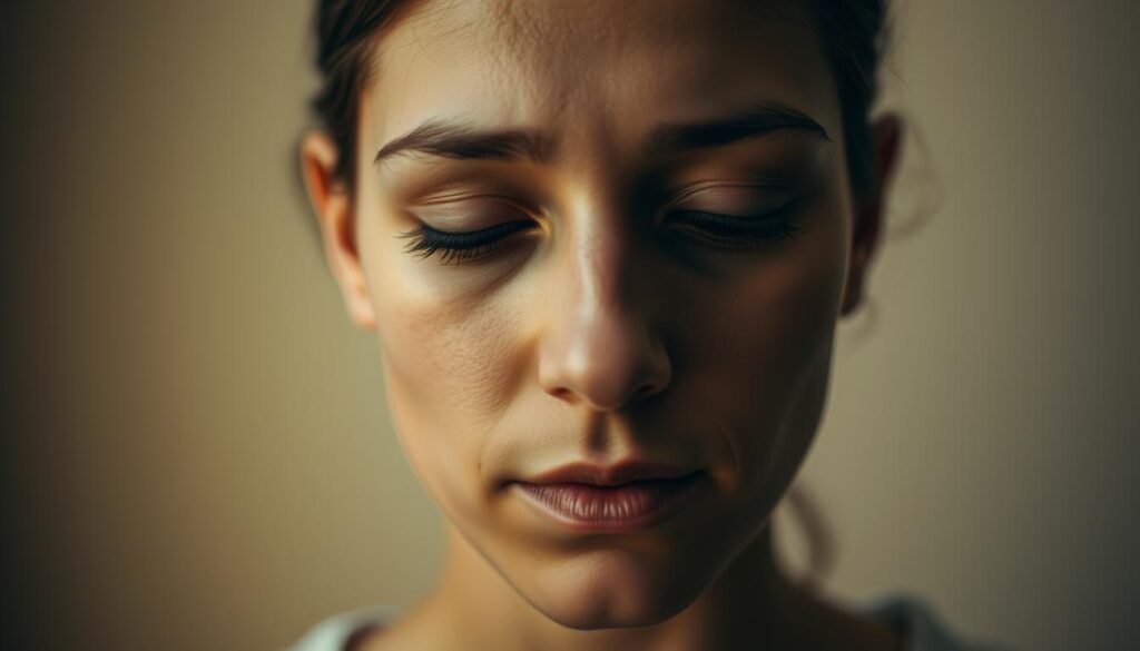 A warm-toned, close-up portrait of a person's face, conveying a thoughtful and serene expression. In the foreground, their gaze is slightly downcast, eyes softened, suggesting a state of contemplation. In the middle ground, a soft, blurred background of muted colors, evoking a sense of introspection. The lighting is gentle, casting a subtle, diffused glow across the subject's features, highlighting the delicate interplay of empathy and sympathy on their face. The overall mood is one of quiet understanding, inviting the viewer to reflect on the nuanced relationship between these two emotional states and their impact on mental health.