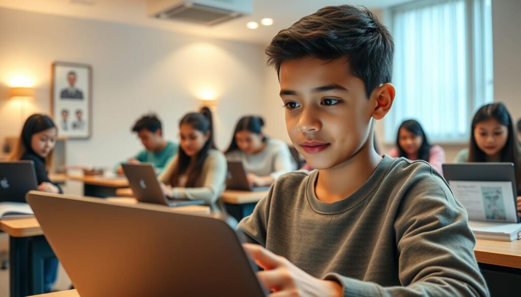 A well-lit classroom setting with a diverse group of students learning multiple languages with personalized online tutors. In the foreground, a young student earnestly engaged with their tutor via a laptop, their face illuminated by the soft glow of the screen. In the middle ground, several other students immersed in their lessons, each with their own device and learning materials. The background features a tasteful, minimalist decor with neutral tones, creating a calming and focused atmosphere conducive to language learning. Soft, directional lighting casts a warm, inviting glow throughout the scene, and the camera captures a high-angle, wide-angle view to convey a sense of openness and possibility.