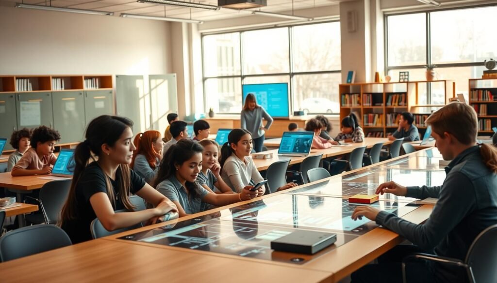 A well-lit classroom with modern desks and chairs arranged in a dynamic, collaborative layout. In the foreground, a group of diverse students are engaged in an interactive digital lesson, their faces alight with curiosity and discovery. Subtle holographic projections and touchscreen displays create an immersive, tech-savvy atmosphere. The middle ground features a teacher guiding the students, seamlessly integrating technology to enhance the learning experience. In the background, shelves of books and educational resources suggest a blending of traditional and innovative approaches. Warm, natural lighting filters through large windows, conveying a sense of openness and inspiration.