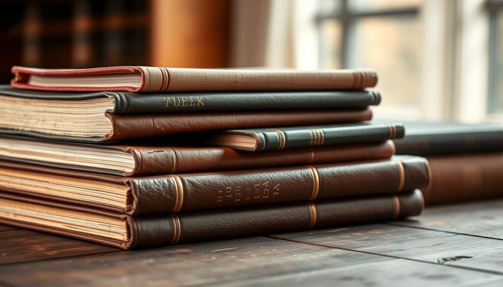 A well-lit, high-resolution close-up of a stack of used books on a wooden table, showcasing their quality and condition. The books have a range of ages, from slightly worn paperbacks to leather-bound vintage tomes. The lighting casts a warm, inviting glow, highlighting the tactile textures of the book covers and bindings. The depth of field is shallow, drawing the viewer's attention to the intricate details, such as the subtle cracks in the leather, the faded gilt on the spines, and the dog-eared pages. The overall atmosphere conveys a sense of timelessness and the appreciation for the craftsmanship and history of these pre-owned literary treasures.