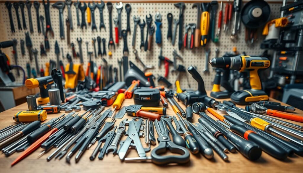 A well-lit workspace with an assortment of diverse tools arranged neatly on a wooden table. In the foreground, an array of precision tools such as screwdrivers, pliers, and wrenches, while the middle ground features power tools like a cordless drill and a circular saw. The background showcases a pegboard with various hand tools hanging in an organized manner. The scene exudes a sense of productivity and focus, with soft, directional lighting that accentuates the textures and materials of the tools, creating a professional and aspirational atmosphere for hard skill development.