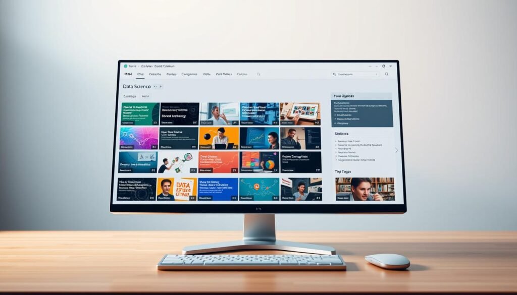 A well-organized data science course catalog displayed on a sleek, modern computer screen. The foreground features a grid of colorful course thumbnails, each highlighting a different data science topic such as machine learning, data visualization, and statistics. The middle ground showcases a clean, minimalist user interface with intuitive navigation menus. The background has a subtle, gradient-based color scheme that creates a sense of depth and professionalism. Soft, directional lighting casts a warm glow across the entire scene, conveying a welcoming and educational atmosphere. The overall composition emphasizes the comprehensive and accessible nature of the data science curriculum.