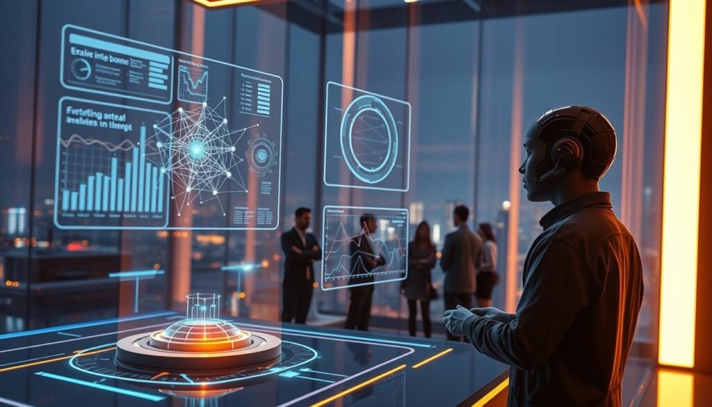 An advanced AI system operates within a sleek, futuristic SaaS interface. Holographic data visualizations and neural network diagrams float in the foreground, depicting machine learning algorithms at work. In the middle ground, a team of SaaS developers and data scientists collaborate, interfacing with the intelligent system. The background features a city skyline, hinting at the broad applications of AI-powered SaaS solutions. Warm lighting emanates from the display, casting a contemplative glow. The scene conveys the seamless integration of cutting-edge AI and machine learning capabilities into the SaaS landscape.