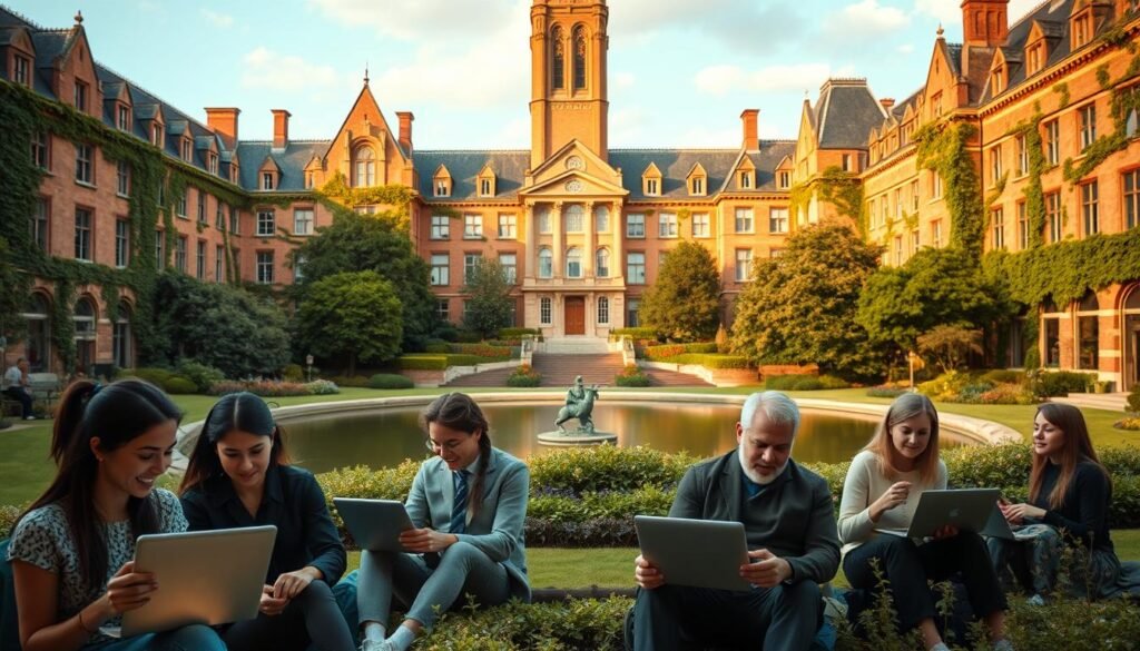 An elegant university campus with ivy-covered buildings, surrounded by lush greenery and a serene pond. In the foreground, students engage in interactive online learning, their faces illuminated by the glow of their laptops. The middle ground features a group of professors delivering engaging lectures, their expressions conveying expertise and enthusiasm. In the background, a towering library and state-of-the-art research facilities symbolize the academic excellence of these leading universities. The scene is bathed in warm, natural lighting, creating a sense of intellectual stimulation and collaborative learning.