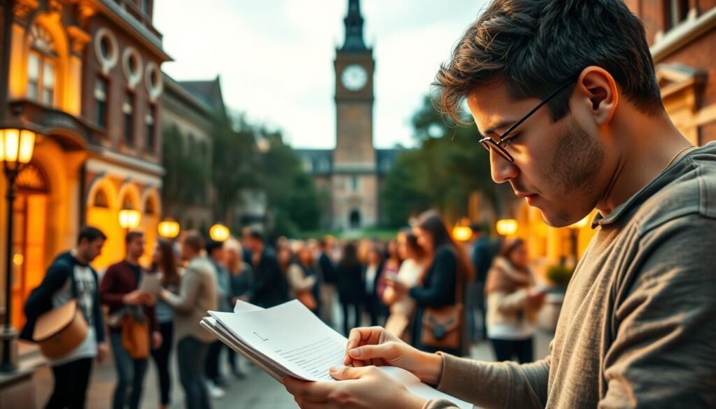 An elegantly lit university campus, the grand entrance adorned with ornate architecture. In the foreground, a student diligently fills out an application form, brow furrowed in concentration. Behind them, a group of peers huddle over laptops, discussing the process. The middle ground reveals a queue of applicants awaiting their turn, faces a mix of anticipation and apprehension. In the background, a towering clock tower stands sentinel, its hands a subtle reminder of the looming deadlines. The scene is bathed in a warm, golden glow, creating a sense of academic gravitas and the high stakes of the UK university application journey.
