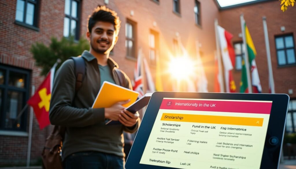 An international student standing in front of a brick university building, holding a laptop and a stack of documents, with a backdrop of colorful flags representing different nationalities. The scene is illuminated by warm, golden sunlight, creating a sense of opportunity and global connectivity. In the foreground, a tablet displays scholarship information, showcasing various funding options for international students to study in the UK. The overall composition conveys a message of academic achievement, cultural diversity, and accessible financial support.