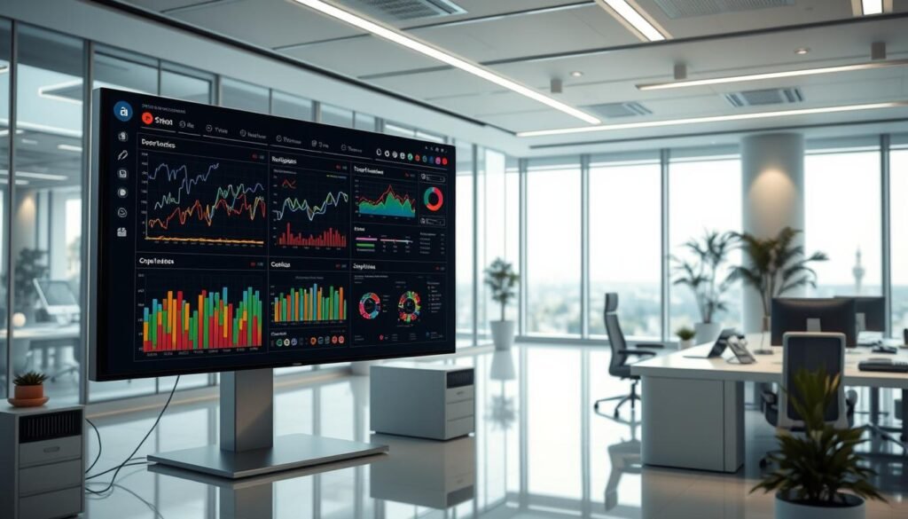Dynamic visual mapping software features, showcasing an interactive dashboard with real-time data visualizations, smooth animations, and intuitive user interface. A large, high-resolution display dominates the foreground, showcasing colorful graphs, charts, and diagrams that respond to user input. The middle ground features a sleek, minimalist workspace with various control panels and customization options. The background depicts a serene, futuristic office environment with floor-to-ceiling windows, gentle lighting, and a sense of productivity and innovation. The overall mood is one of cutting-edge technology, seamless functionality, and a visually engaging user experience.