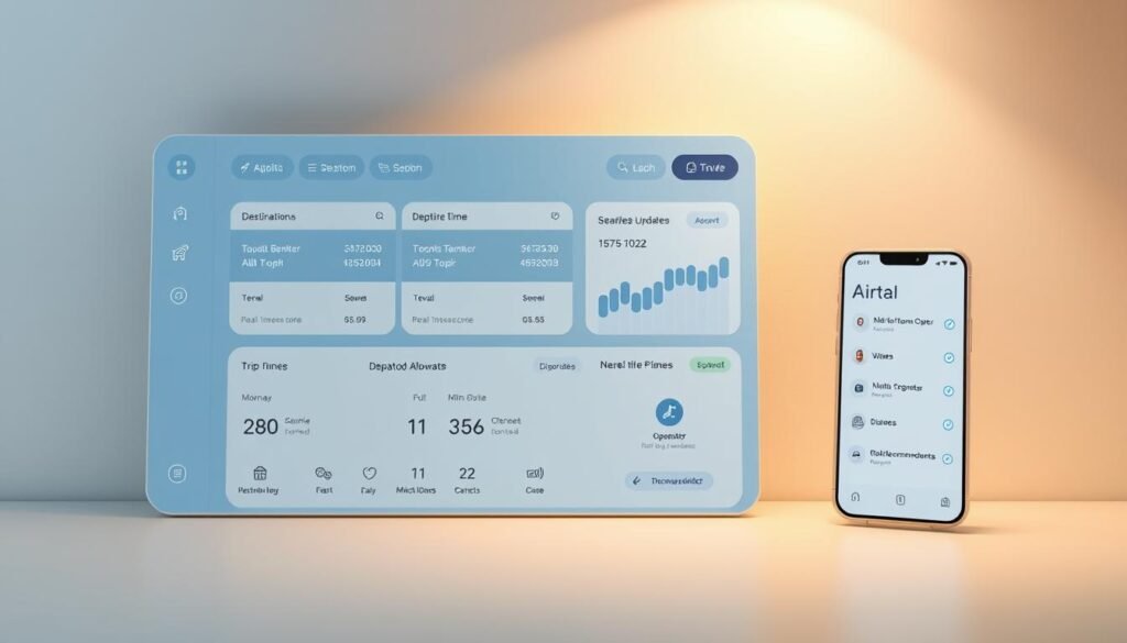 Flexible data travel plans with a modern, minimalist design. A clean dashboard displaying key trip information - destinations, departure times, baggage allowance. Subtle color palette of blues and grays, conveying a sense of tranquility. Sleek icons and infographics highlight features like real-time updates, seamless booking, and personalized recommendations. The layout is dynamic, adapting to mobile and desktop screens. Warm, indirect lighting casts a soft glow, creating an inviting atmosphere. The overall aesthetic is sophisticated yet accessible, reflecting the efficient and user-friendly nature of the travel service.