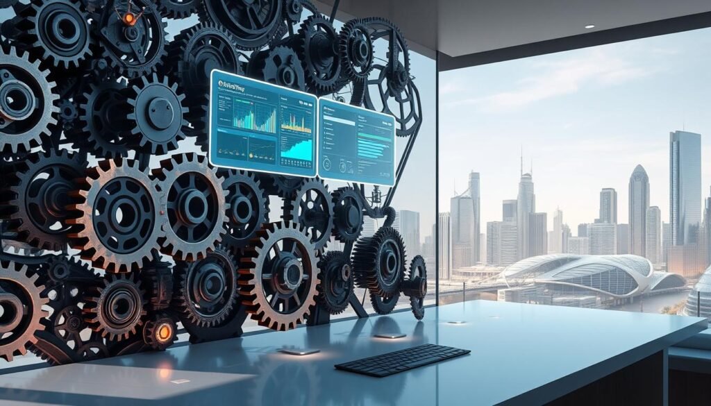 Intricate gears and cogs intertwine, forming a complex workflow automation system. Vibrant holographic interfaces float above a sleek, minimalist workspace, showcasing the seamless integration of various productivity tools. Soft, directional lighting illuminates the scene, casting shadows that emphasize the technological elegance. In the background, a cityscape of gleaming skyscrapers and futuristic architecture serves as a backdrop, hinting at the cutting-edge nature of the workflow solutions. The overall atmosphere is one of efficiency, innovation, and a sense of empowerment, reflecting the transformative power of workflow automation in modern project management.