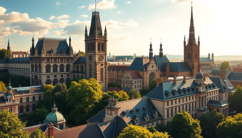 Majestic European universities, their grand facades and stately towers rising majestically against a sunlit sky. A picturesque panorama of the continent's most prestigious educational institutions, captured with a wide-angle lens to showcase their architectural grandeur and verdant surroundings. The image exudes an air of timeless elegance and intellectual prestige, inviting the viewer to explore the wealth of knowledge and opportunities these renowned universities offer to international students.