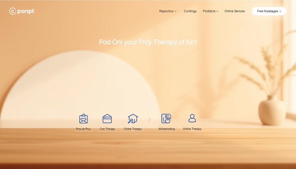 Prompt A sleek, minimalist therapy platform rendered in warm, calming tones. In the foreground, a series of simple icons and graphics representing the pros and cons of online therapy services, presented in a clean, organized layout. The middle ground features a serene, abstract backdrop with gentle geometric shapes and subtle textures, evoking a sense of balance and serenity. The background blends soft, out-of-focus elements that create a peaceful, contemplative atmosphere. Captured with a wide-angle lens, the composition is well-balanced, with a focus on simplicity and visual harmony to illustrate the key considerations of online therapy.