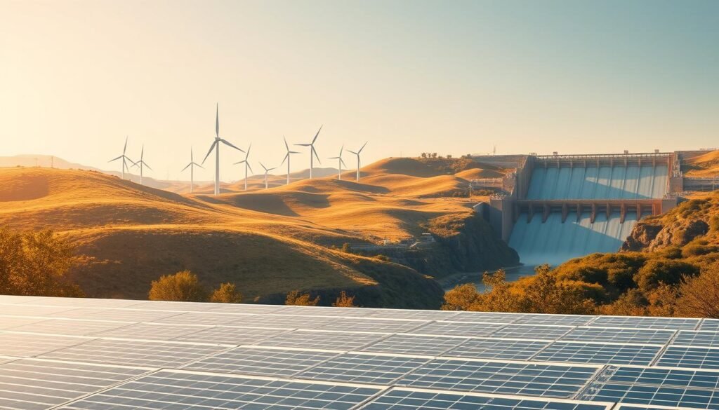 Renewable energy innovations: a sleek and futuristic solar array in the foreground, with wind turbines dotting the rolling hills in the middle ground, and a shimmering hydroelectric dam in the background. The scene is bathed in a warm, golden light, conveying a sense of clean, sustainable power. The composition is balanced and dynamic, with the various renewable energy technologies seamlessly integrated into the natural landscape. The overall atmosphere is one of technological progress, environmental harmony, and a hopeful vision for a greener future.