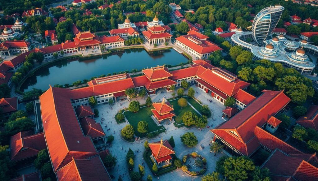 Stunning aerial view of China's top university campuses, captured through a wide-angle lens. Majestic red-roofed buildings surrounded by lush greenery, reflecting in shimmering lakes. Serene courtyards dotted with pagodas and pagoda-style pavilions, illuminated by warm sunlight. Bustling student life unfolds, with groups gathered under towering shade trees. Sleek modern architecture stands in harmonious contrast, creating a captivating blend of tradition and modernity. The scene exudes an atmosphere of intellectual vigor, cultural richness, and academic excellence, embodying the essence of China's finest higher education institutions.