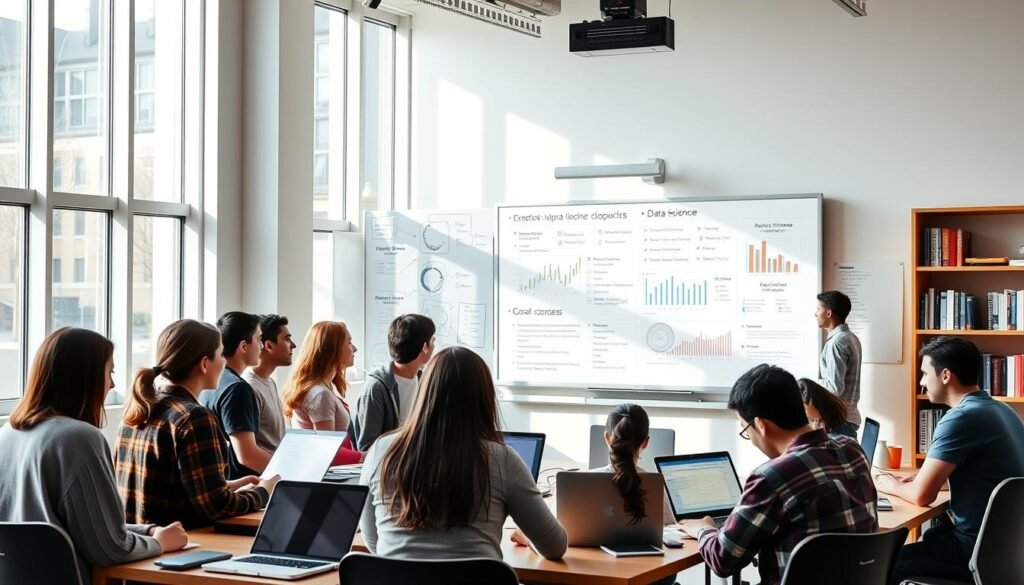 a data science program selection shown in a well-lit, modern university classroom setting. In the foreground, a group of students are gathered around a large interactive whiteboard, engaged in a lively discussion. The board displays various data visualization techniques, algorithms, and programming languages. In the middle ground, several students are working on laptops, collaborating on coding projects. The background features tall windows, allowing natural light to flood the space, and shelves filled with textbooks and academic resources. The overall atmosphere conveys a sense of intellectual curiosity, collaboration, and a passion for data-driven problem-solving.