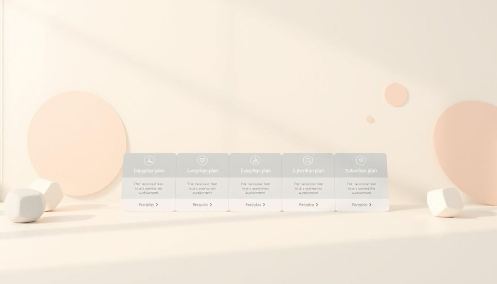 a high-quality, detailed illustration of "therapy subscription plans" featuring a modern, minimalist design with a focus on simplicity and clarity. The image should have a clean, professional aesthetic that complements the article's subject and section title. In the foreground, there should be a grid or list of different subscription plan options, each represented by a clean icon or simple graphic. The plans should be organized in a visually appealing manner, with clear delineation between the different tiers. The middle ground should include subtle, soothing background elements that evoke a sense of comfort and wellness, such as soft, pastel-colored shapes, patterns, or textures that suggest a calming, therapeutic environment. The lighting should be natural and softly diffused, creating a warm, inviting atmosphere. The perspective should be slightly elevated, giving the viewer an overview of the subscription plan layout while maintaining a sense of balance and harmony. The overall mood should be professional