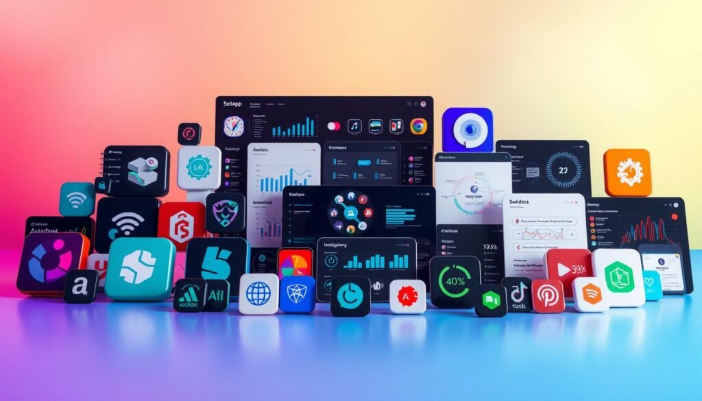 a photo of a vibrant and visually striking array of SetApp AI tools and apps, arranged in a stylish and organized manner. The foreground features a selection of sleek, high-quality app icons and logos, showcasing the diverse range of productivity solutions available through SetApp. The middle ground depicts various AI-powered tools and features, such as data analysis dashboards, automation workflows, and intelligent task management interfaces, all rendered in a clean, modern design. The background is a softly blurred, gradient-filled environment, creating a sense of depth and emphasizing the focal point of the apps and tools. The overall mood is one of efficiency, innovation, and the seamless integration of AI-driven capabilities to streamline workflows and enhance productivity.