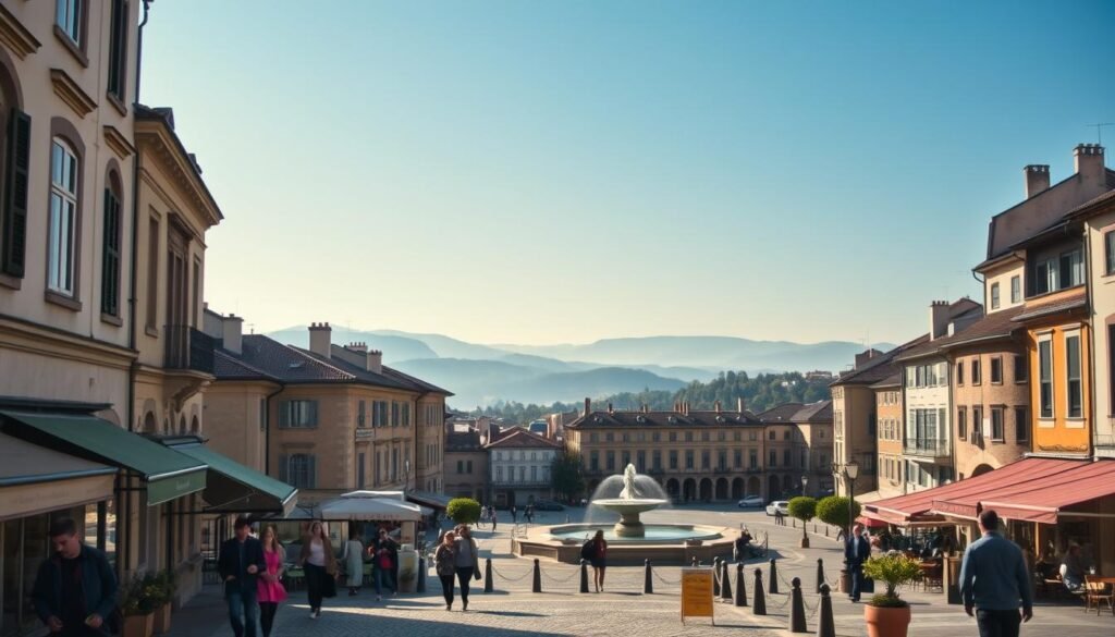 a serene and inviting european cityscape, with a foreground featuring pedestrians strolling along a quaint cobblestone street lined with charming cafes and shops. the middle ground showcases a picturesque town square, with historic buildings and a central fountain. in the background, rolling hills and a clear blue sky create a tranquil, picturesque atmosphere. the lighting is soft and natural, capturing the warmth and character of the european setting. the overall scene conveys a sense of timeless elegance and the vibrant, welcoming spirit of european urban living.