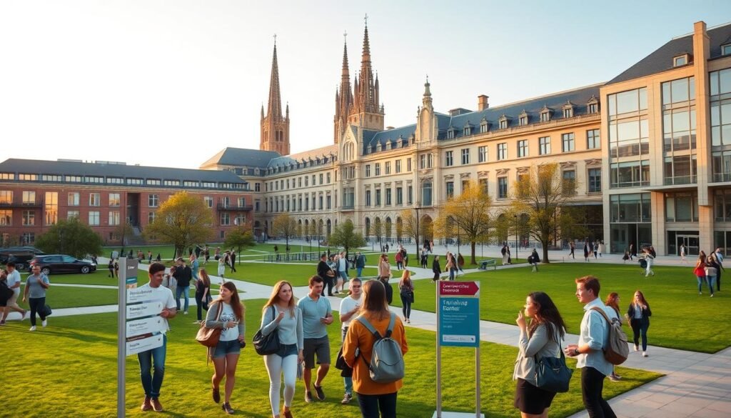 a vast university campus with modern buildings, lush green lawns, and students walking between classes. In the foreground, a group of diverse international students engaged in animated discussions, representing the multicultural nature of the English-taught programs. The middle ground features signage and directories guiding students, while the background showcases the iconic architecture of European universities, with towering spires and stately facades bathed in warm, golden sunlight. The overall atmosphere conveys a sense of academic excellence, global collaboration, and the enriching experience of studying in an English-taught program at a leading European institution.