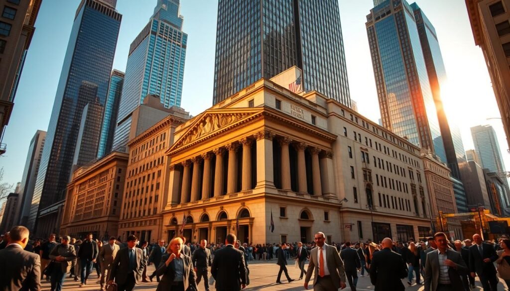 A bustling financial district with towering skyscrapers and a grand stock exchange building at the center. The scene is bathed in warm, golden lighting, creating a sense of energy and prosperity. In the foreground, a crowd of well-dressed investors and traders hurry along the sidewalks, briefcases in hand. The middle ground features the ornate, classical façade of the stock exchange, its columns and pediments gleaming. In the background, a skyline of modern glass and steel towers rises, reflecting the sun's rays. The overall atmosphere conveys the dynamic, high-stakes nature of the stock market, where fortunes are made and lost in the span of a trading day.