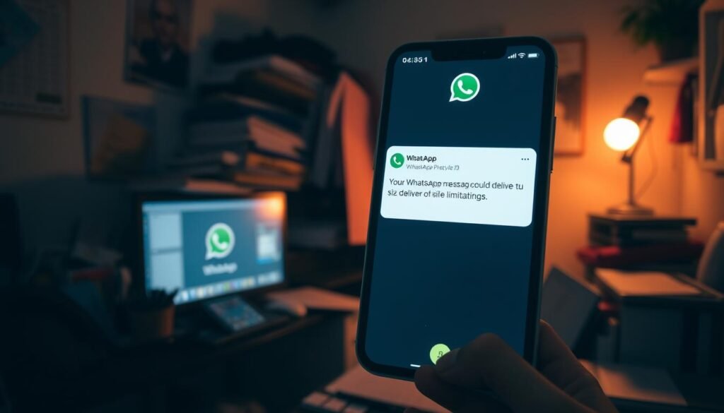 A dimly lit, cluttered home office with a desktop computer, smartphone, and various office supplies. The smartphone screen displays the WhatsApp messaging interface, with a notification indicating that a message could not be delivered due to size limitations. The atmosphere is one of frustration and technological constraint, capturing the potential drawbacks of relying solely on consumer-grade messaging apps for business communications.