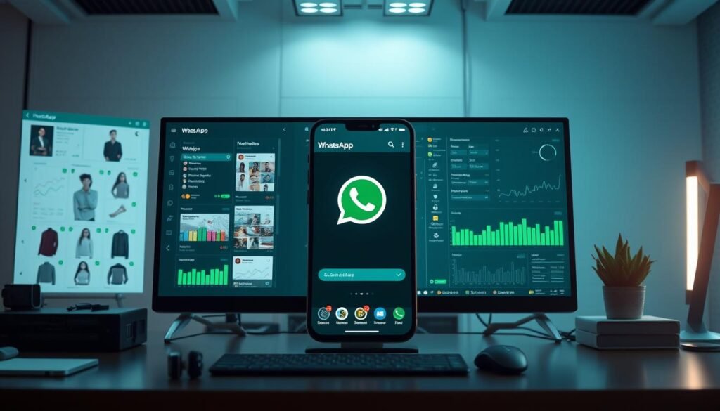 A high-tech e-commerce workspace, with a central WhatsApp chat interface surrounded by product images, order details, and automation controls. Soft, diffused lighting illuminates the scene, creating a productive and efficient atmosphere. The composition features a balanced layout, with the WhatsApp app as the focal point, flanked by relevant data and analytics. The overall aesthetic conveys the power of leveraging WhatsApp for e-commerce, seamlessly integrating messaging, inventory, and order management.