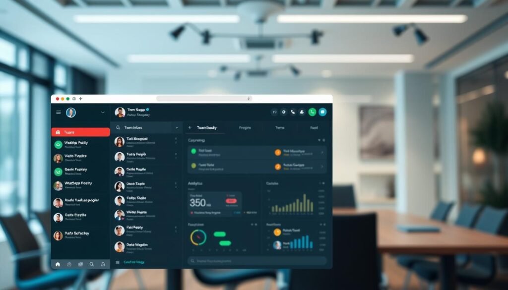 A sleek and modern WhatsApp-style messaging interface with a clean, minimalistic design. The foreground features a team inbox with user avatars, message threads, and intuitive controls. The middle ground showcases a central dashboard with analytics, conversation history, and team collaboration tools. The background has a subtle gradient or blurred office environment, conveying a professional, enterprise-ready atmosphere. Soft, indirect lighting creates a warm, productive ambiance. The overall composition exudes efficiency, clarity, and a user-centric approach to business messaging.