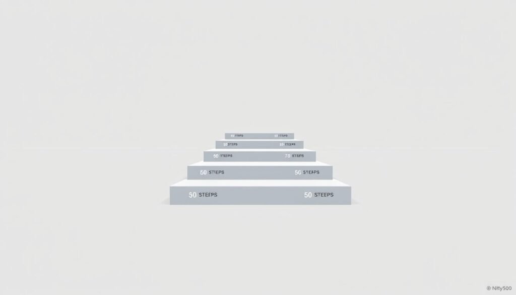 A sleek, minimalist illustration of the "Nifty 50" project management methodology. The foreground features a stylized, geometric representation of the 50 steps, arranged in a clean, symmetrical layout. The middle ground showcases a three-dimensional perspective, with the steps receding into the distance, creating a sense of depth and structure. The background is a subtle, muted gradient, allowing the central elements to take center stage. The overall aesthetic is modern, sophisticated, and visually engaging, capturing the essence of the "Nifty 50" approach to project management.