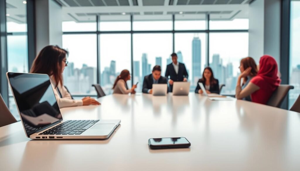 A sleek, modern office setting with a minimalist aesthetic. In the foreground, a laptop and smartphone sit on a clean, minimalist desk, representing the tools of social media management. In the middle ground, a team of diverse professionals collaborates, discussing analytics and strategizing social media campaigns. The background features large windows overlooking a vibrant city skyline, conveying a sense of connectivity and global reach. The lighting is soft and diffused, creating a professional yet dynamic atmosphere. The overall scene evokes the efficient, data-driven nature of social media management using Metricool.