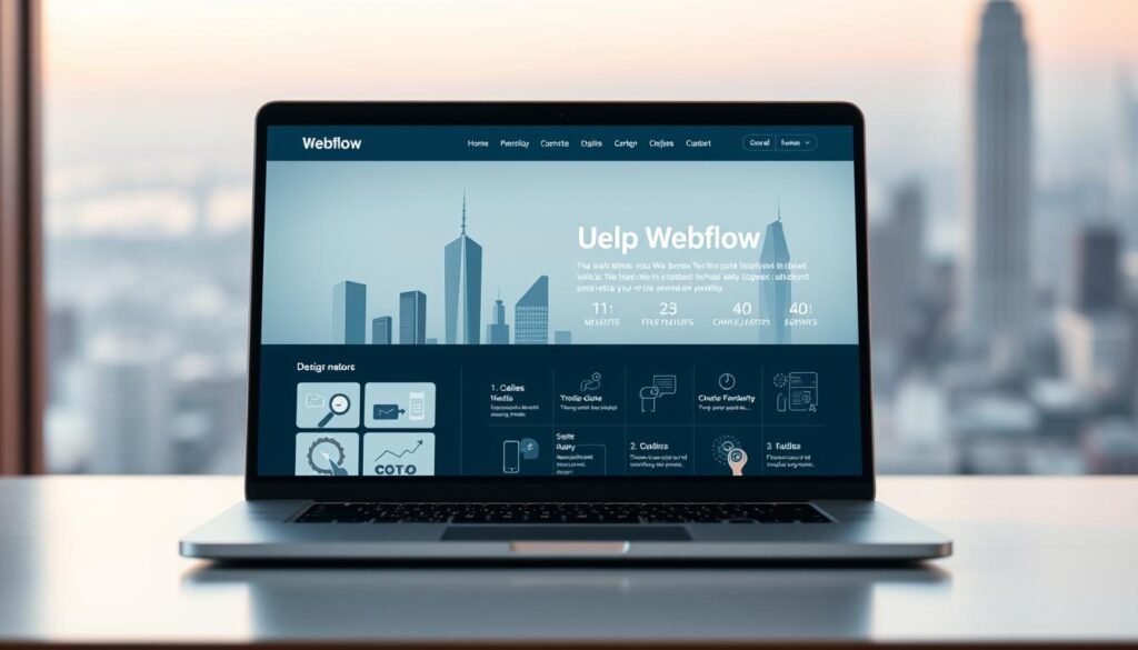 A sleek, modern website design with clean lines, subtle gradients, and a minimalist aesthetic. The foreground features a laptop displaying a visually appealing Webflow interface, showcasing a responsive, mobile-friendly layout. In the middle ground, stylized icons and illustrations depict various web development tools and processes. The background has a soft, blurred landscape of skyscrapers and city skyline, conveying a sense of technology and progress. The lighting is warm and diffused, creating a professional, polished atmosphere. The overall composition communicates the seamless integration of design and development using the Webflow platform.