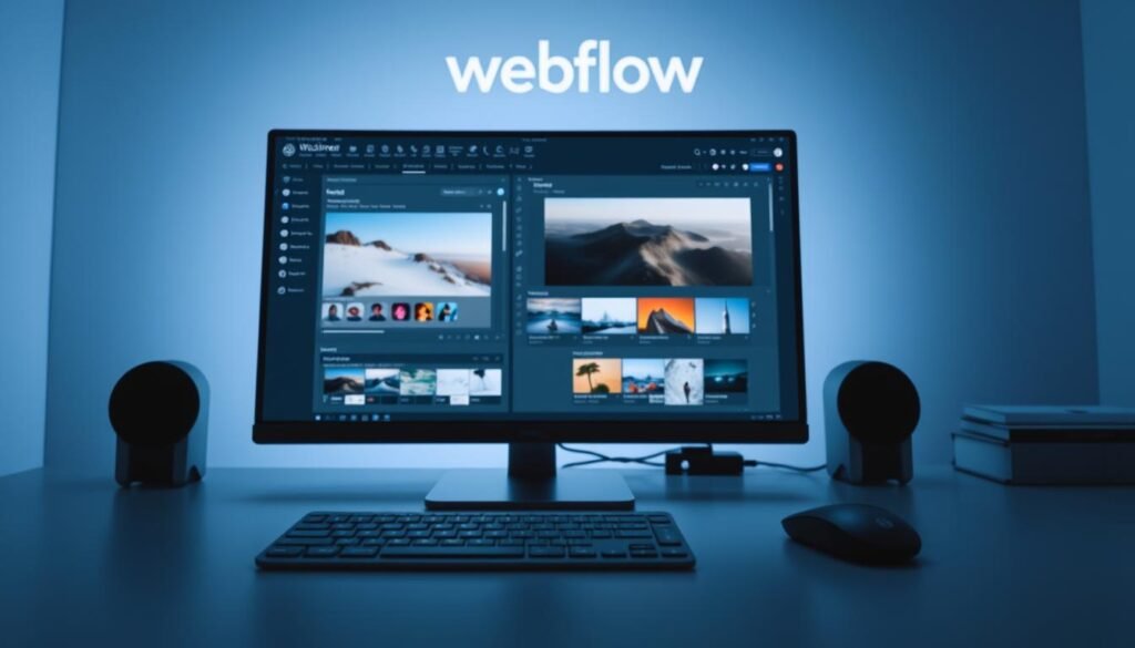 A sleek, modern workspace showcasing the key tools of Webflow, the intuitive web design platform. In the foreground, a high-resolution display presents the Webflow Designer interface, its intuitive drag-and-drop functionality and visual editing tools prominently featured. In the middle ground, a stylized keyboard and mouse sit ready, conveying the seamless, responsive nature of Webflow's web creation experience. The background subtly features the Webflow logo and branding, evoking the powerful yet user-friendly nature of this comprehensive web design solution. Soft, directional lighting illuminates the scene, creating a sense of focus and professionalism. The overall tone is one of efficiency, innovation, and the joy of crafting exceptional websites with ease.