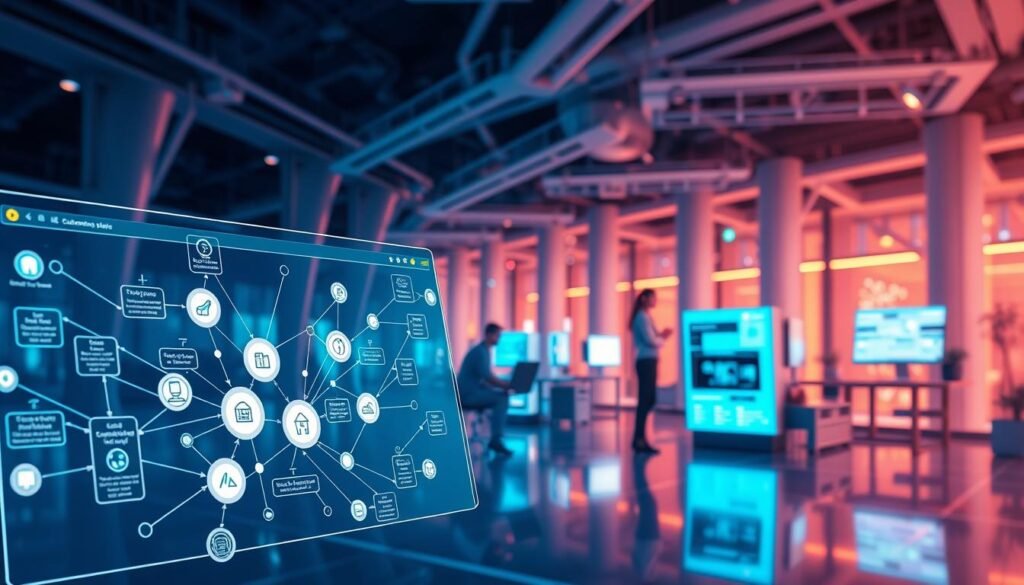 A vibrant, dynamic scene depicting automation workflows for customer support. In the foreground, a sleek user interface showcases a visual representation of a customer service process, with connected nodes, branching paths, and intuitive controls. In the middle ground, a team of customer support agents collaborates seamlessly, leveraging the power of low-code tools to rapidly address customer inquiries. The background features a blend of futuristic architecture, glowing computer interfaces, and a serene, calming color palette that evokes efficiency and innovation. The overall mood is one of technological sophistication, streamlined operations, and a dedication to delivering exceptional customer experiences.